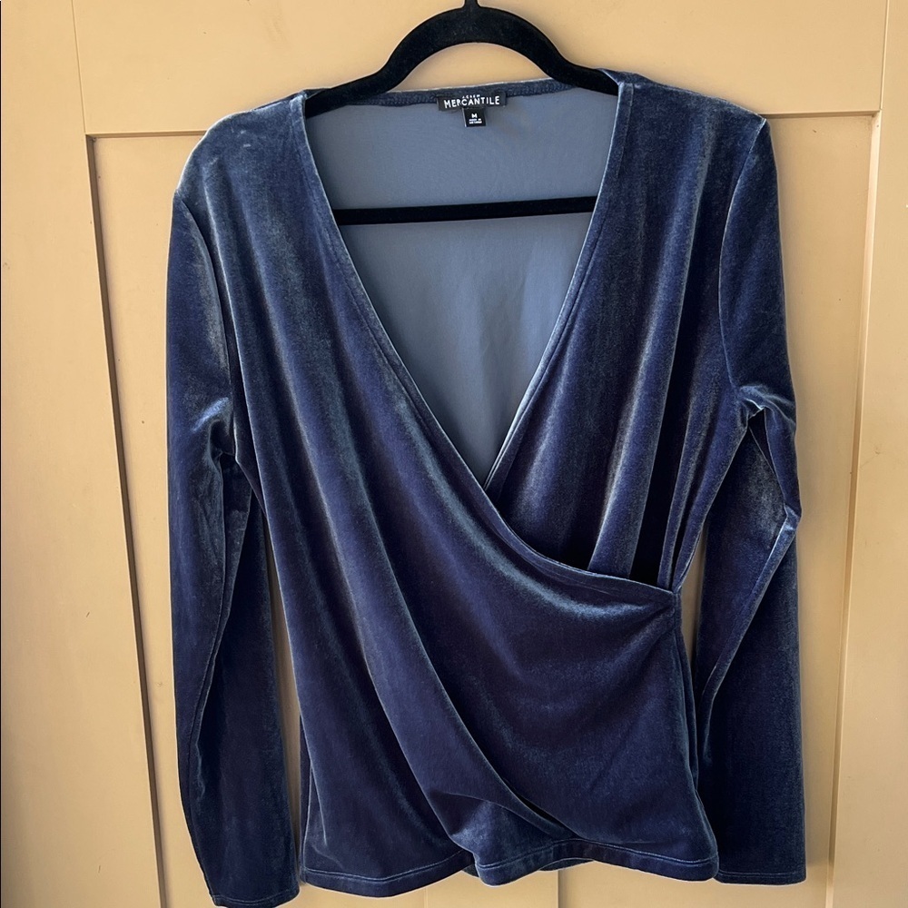 J. Crew Mercantile Sz M Dark Blue Velvet Faux Wrap Long Sleeve Blouse